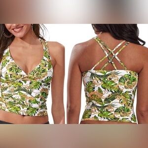 NWOT K. Jordan Leaf Print Criss Cross Back Nylon & Spandex Tankini Top Size 1X